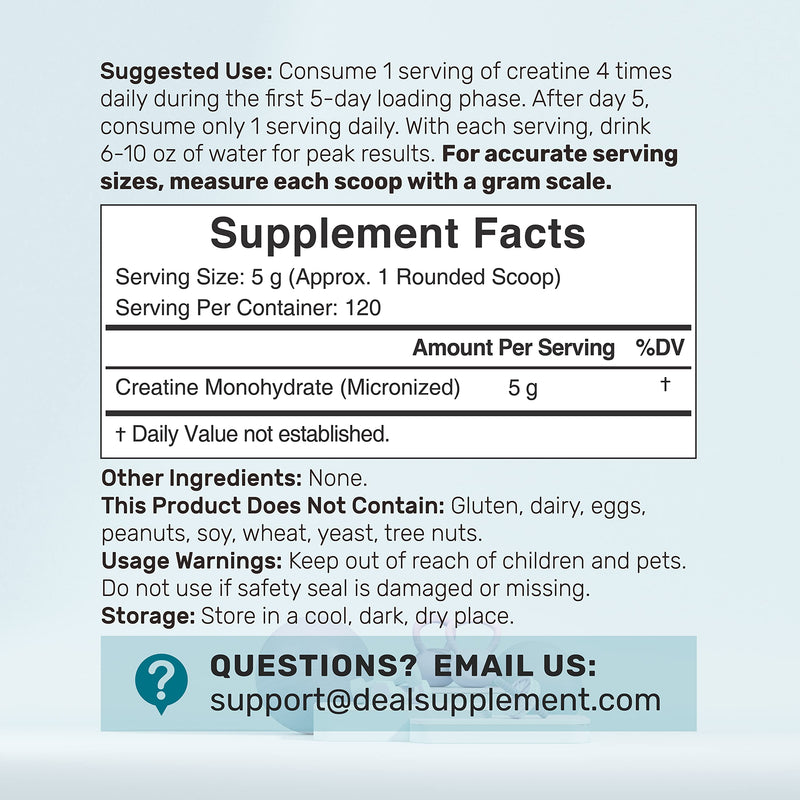 Instant Creatine Monohydrate Powder – 5g Serving, 120 Servings | Micronized, Unflavored, Fast Absorbing