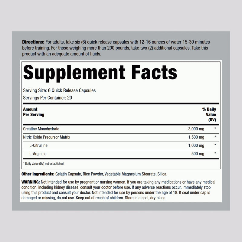 Fitness Labs Creatine Capsules | 120 Count, 3000mg Creatine Monohydrate, Pump & NO Precursor | HPLC Tested | Non-GMO