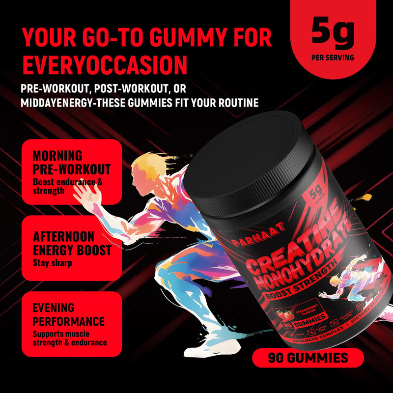 Creatine Monohydrate Gummies 5g for Men & Women - Boost Focus,Strength, and Endurance, Anti-Melting Formula, Vegan, Gluten-Free, Non-GMO, 2.5 Gram Creatine per Gummy (Strawberry 90 ct)