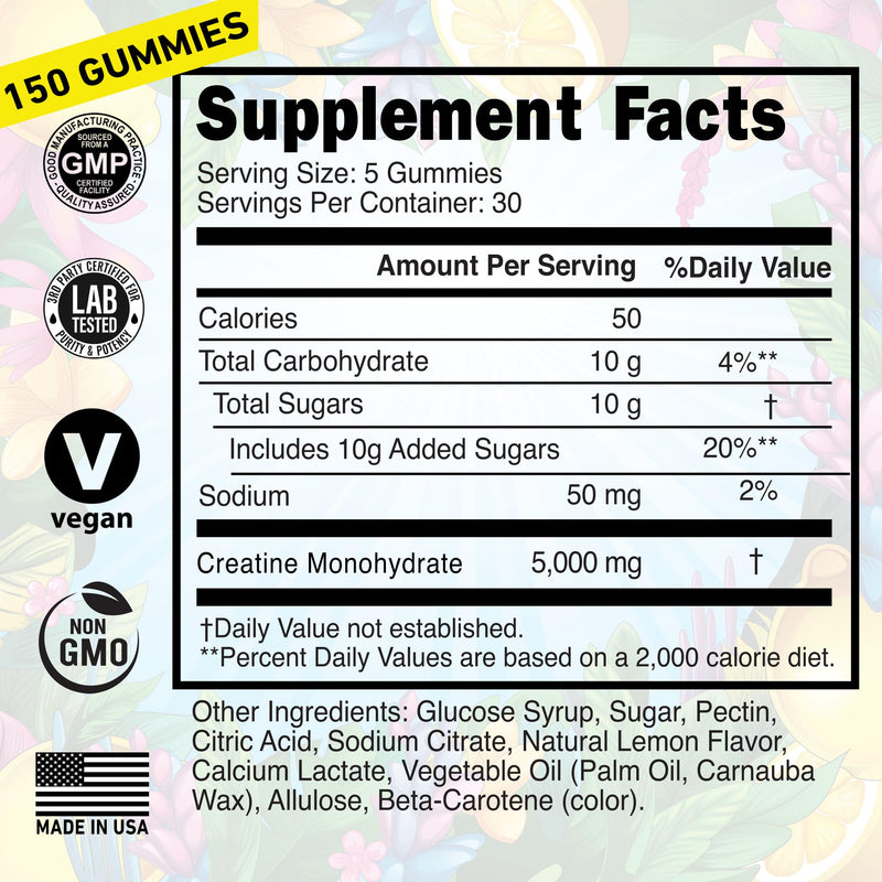 Creatine Monohydrate Gummies 5000mg – Made in USA, Vegan, Lemon | Muscle Growth & Focus