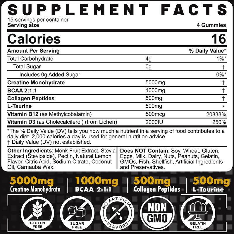 Creatine Monohydrate Gummies 5g per Serving - Sugar Free, Lemon Flavor | BCAA, Collagen, B12, D3 | 2 Pack
