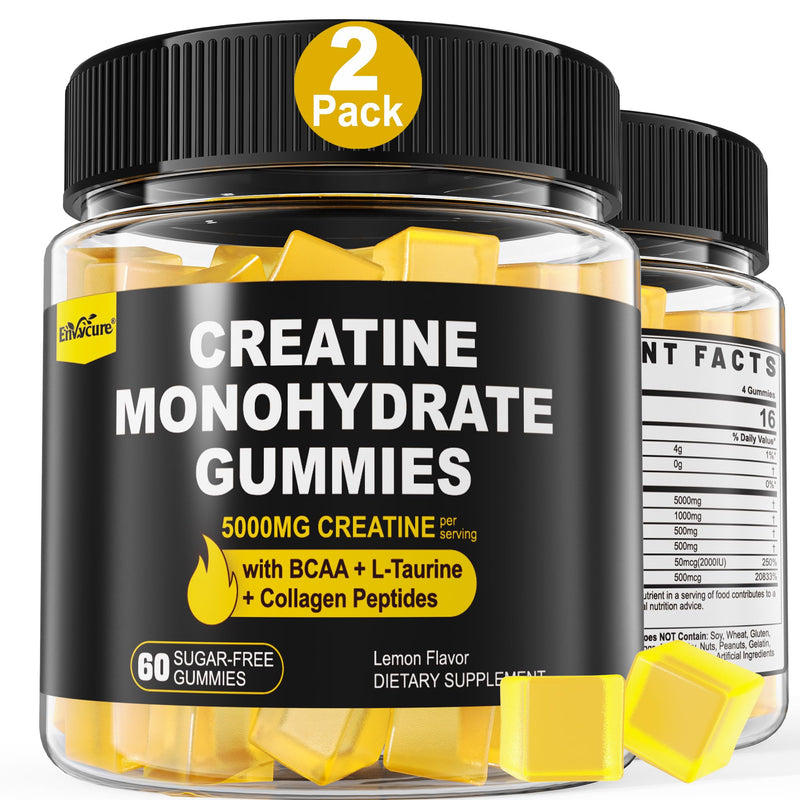 Creatine Monohydrate Gummies 5g per Serving - Sugar Free, Lemon Flavor | BCAA, Collagen, B12, D3 | 2 Pack