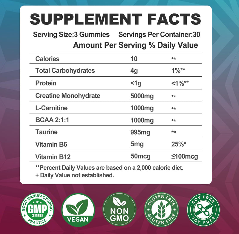 Creatine Monohydrate Gummies with BCAA & L-Carnitine – Pineapple Flavor, 180 Count