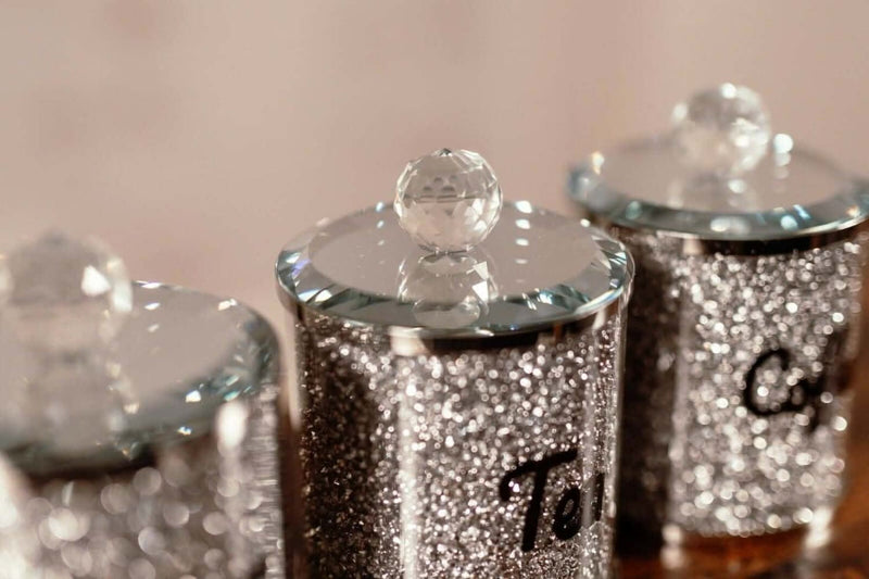 3pc Diamante Tea Coffee Sugar Canister Set Silver Crystal Jars
