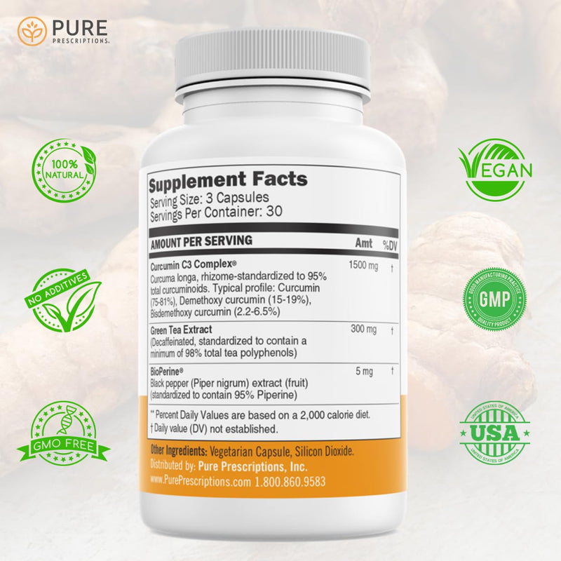 Pure Prescriptions Turmeric Curcumin C3 Complex with Bioperine - 1500mg per Serving | 90 Veg Capsules | Made in USA