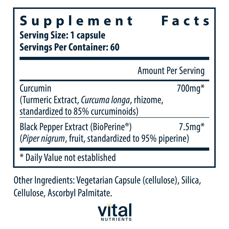 Vital Nutrients Curcumin Extract 700mg – Vegan Curcumin with Black Pepper (Bioperine) – 60 Capsules