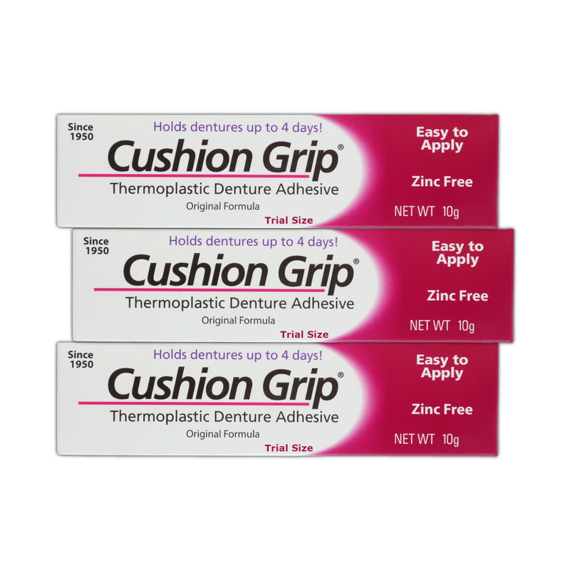 Cushion Grip Thermoplastic Denture Adhesive – 0.35 oz Travel Size (3 Pack) | Up to 4 Days Hold