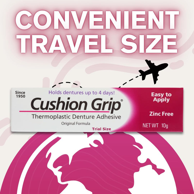 Cushion Grip Thermoplastic Denture Adhesive 0.35 oz Travel Size | Zinc-Free, Waterproof