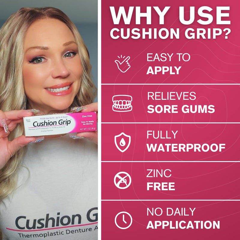 Cushion Grip Thermoplastic Denture Adhesive, 1 oz (Pack 3) | 4 Day Hold