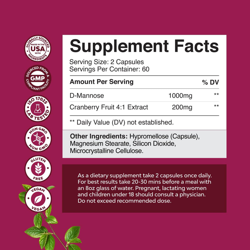 D Mannose with Cranberry 1000mg Capsules – Urinary Tract Health (120 Count)