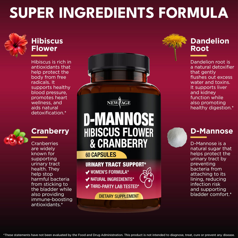 D-Mannose with Cranberry & Hibiscus - High-Strength Urinary Tract Health Supplement for Women | 60 Capsules | Made in USA | Vegan