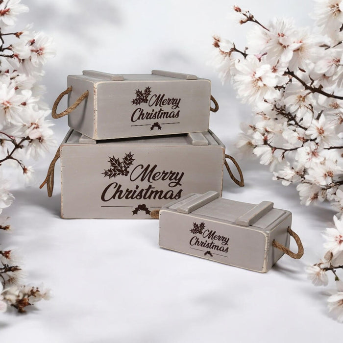 S/3 RUSTIC GREY CRATES WITH LIDS ROPE HAND