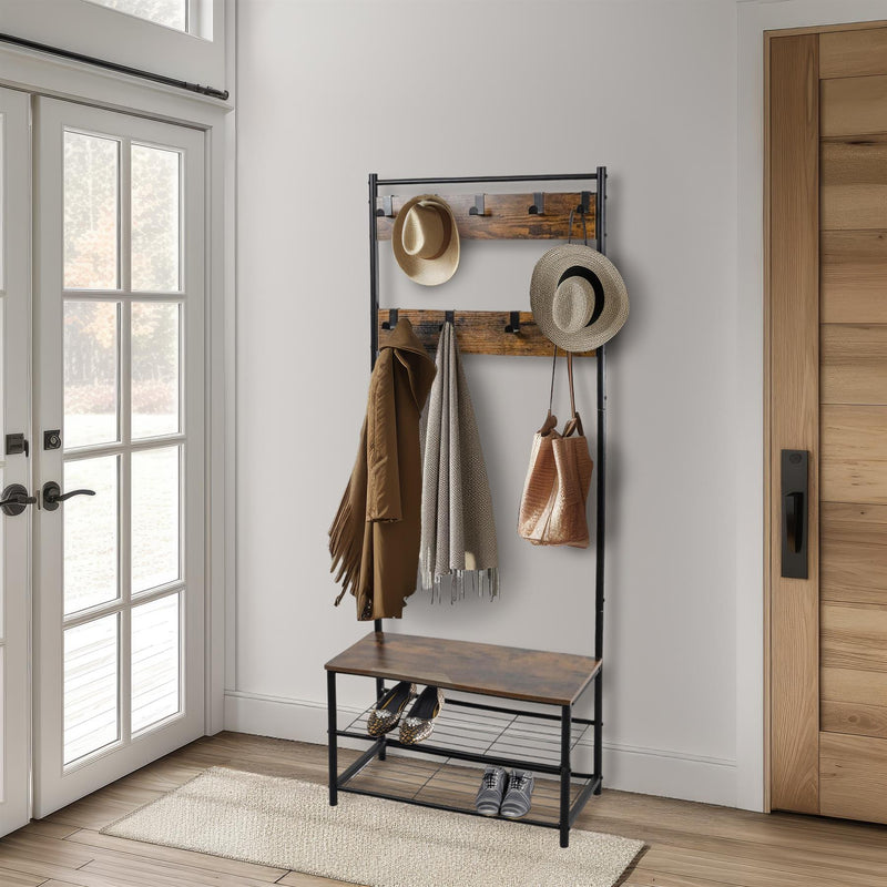 Coat Rack Stand with Shoe Storage Bench 9 Hooks Rustic Brown Entrance Hall
