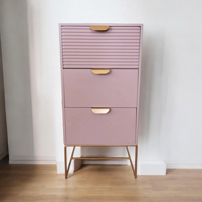 64CM PINK WOODEN 3 DRAWER BEDSIDE TABLE