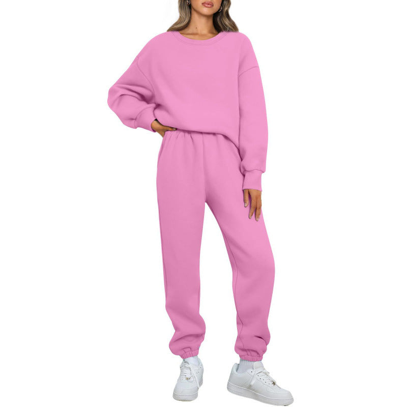 Winter Solid-color Fashionable Crew-neck Pullover With Fleece Lining