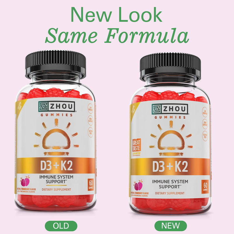 Zhou D3+K2 Gummies – Vitamin D3 & K2 for Immune, Bone & Heart Health | Gelatin-Free, 60 Veggie Gummies (5000 IU D3 + MK-7)