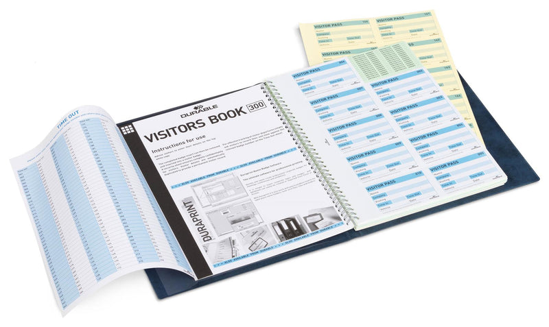 Durable PU Leather GDPR Visitor Book | 300 Name Badges & Security Sheet | Blue
