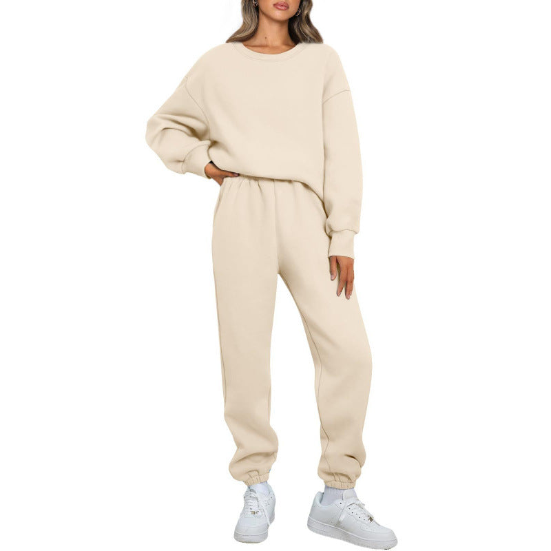 Winter Solid-color Fashionable Crew-neck Pullover With Fleece Lining
