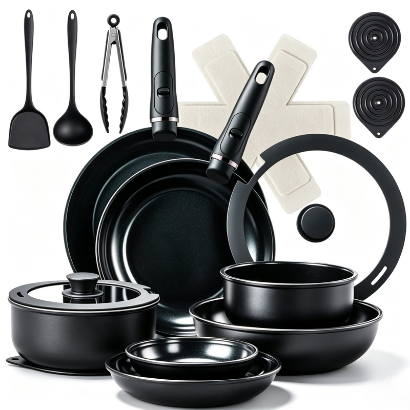 23-piece aluminum cookware set (7 pots, 2 lids, detachable handles)