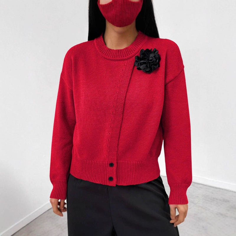 Women's Premium Elegant Solid Color Buttons Black Flower Knitted Pullover