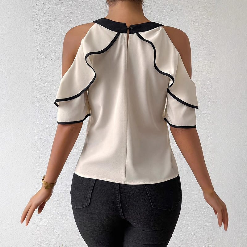 Elegant Double-layer Short-sleeve Shirt With A Bow-tie Neckline