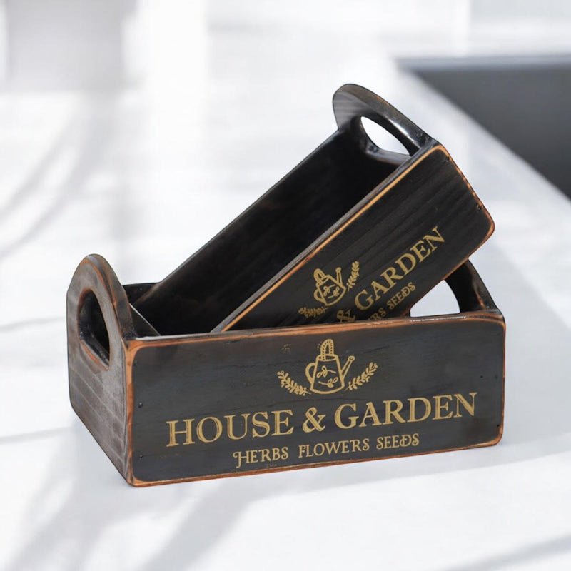 SET 2 BLACK WOODEN CRATES