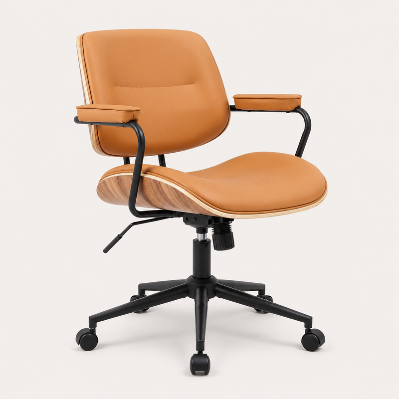 Walnut Effect Orange Swivel Desk Chair with Armrests