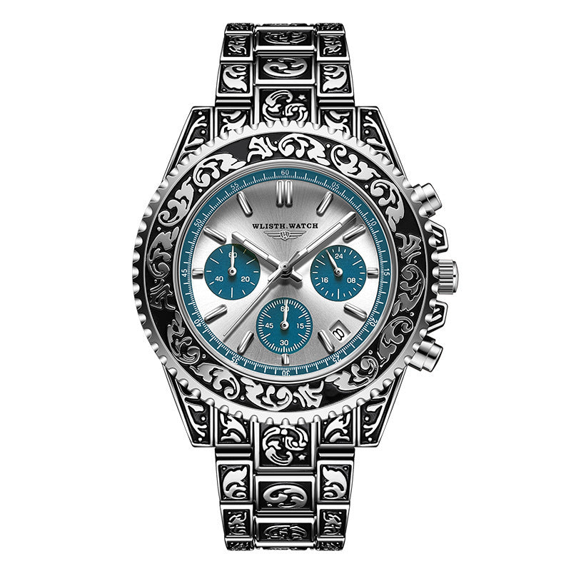 Vintage Engraving Quartz Multi-function Men's Watch