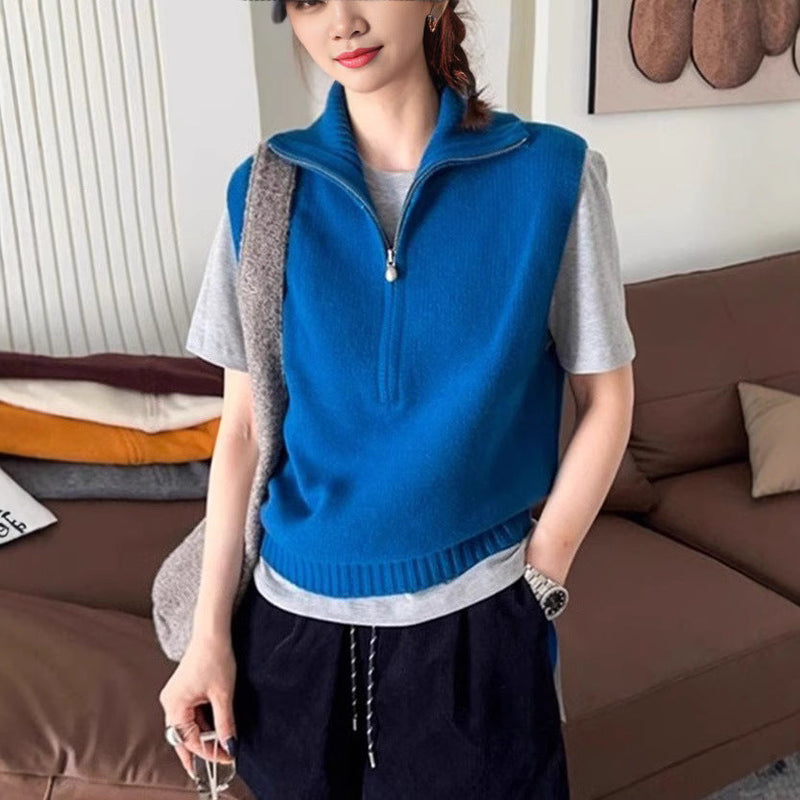 Retro Half Zipper Sleeveless Knit Vest
