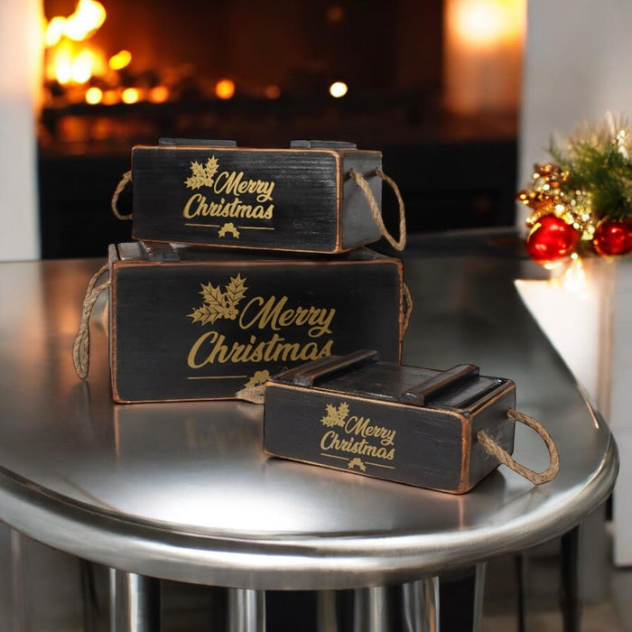 S/3 BLACK WOODEN CRATES WITH LIDS ROPE HAN