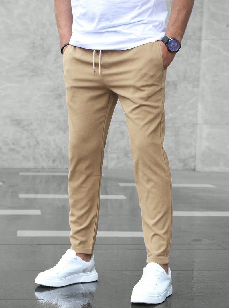 Men's Casual Drawstring Trousers Slim Fit Straight Leg Pants with Pockets Trendy