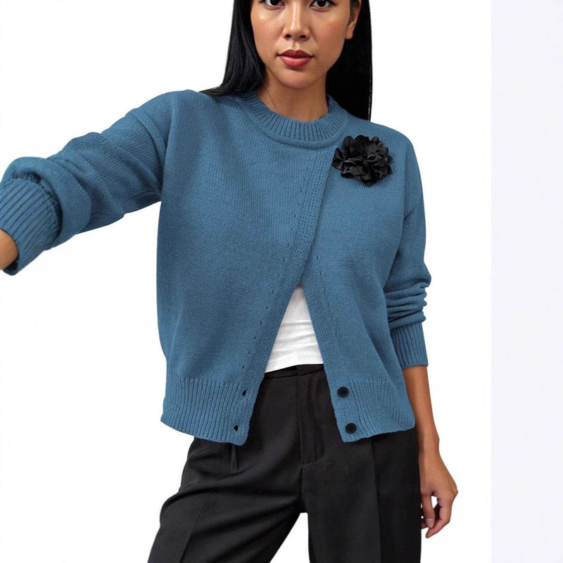 Women's Premium Elegant Solid Color Buttons Black Flower Knitted Pullover
