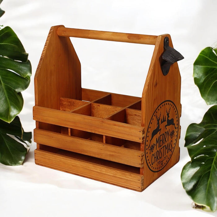 WOODEN 6 BOTTLE HOLDER WITH METAL OPENER