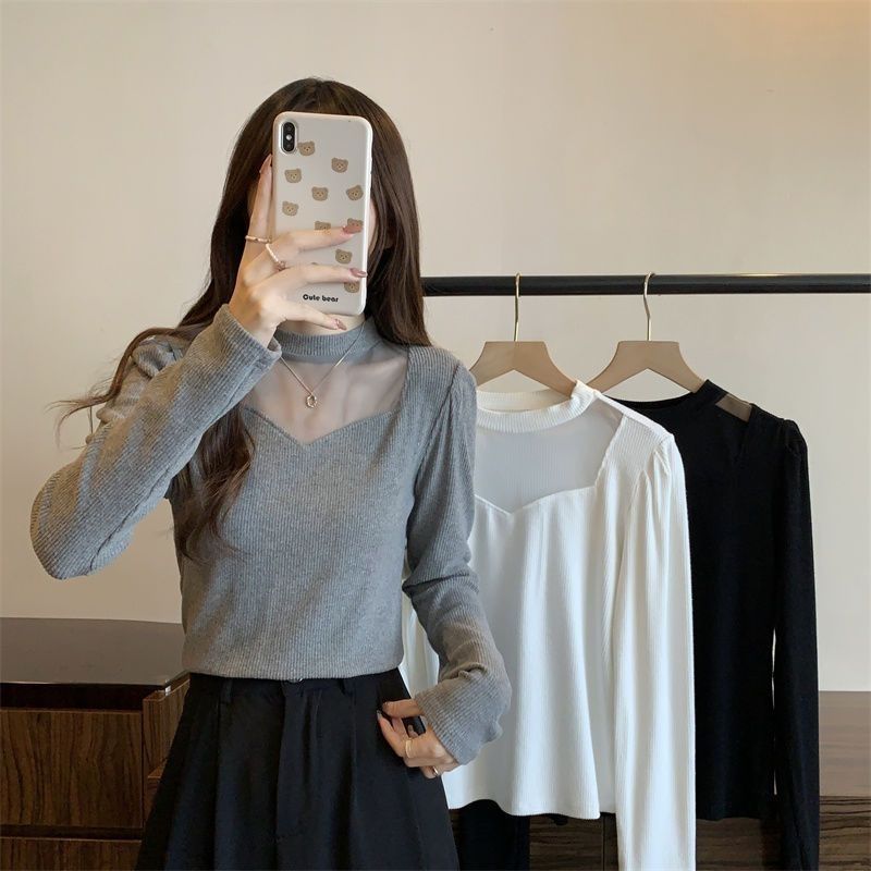 AutumnWinter Thin Mesh Knitted Solid-color Women's Top With Tummy-Contouring Design
