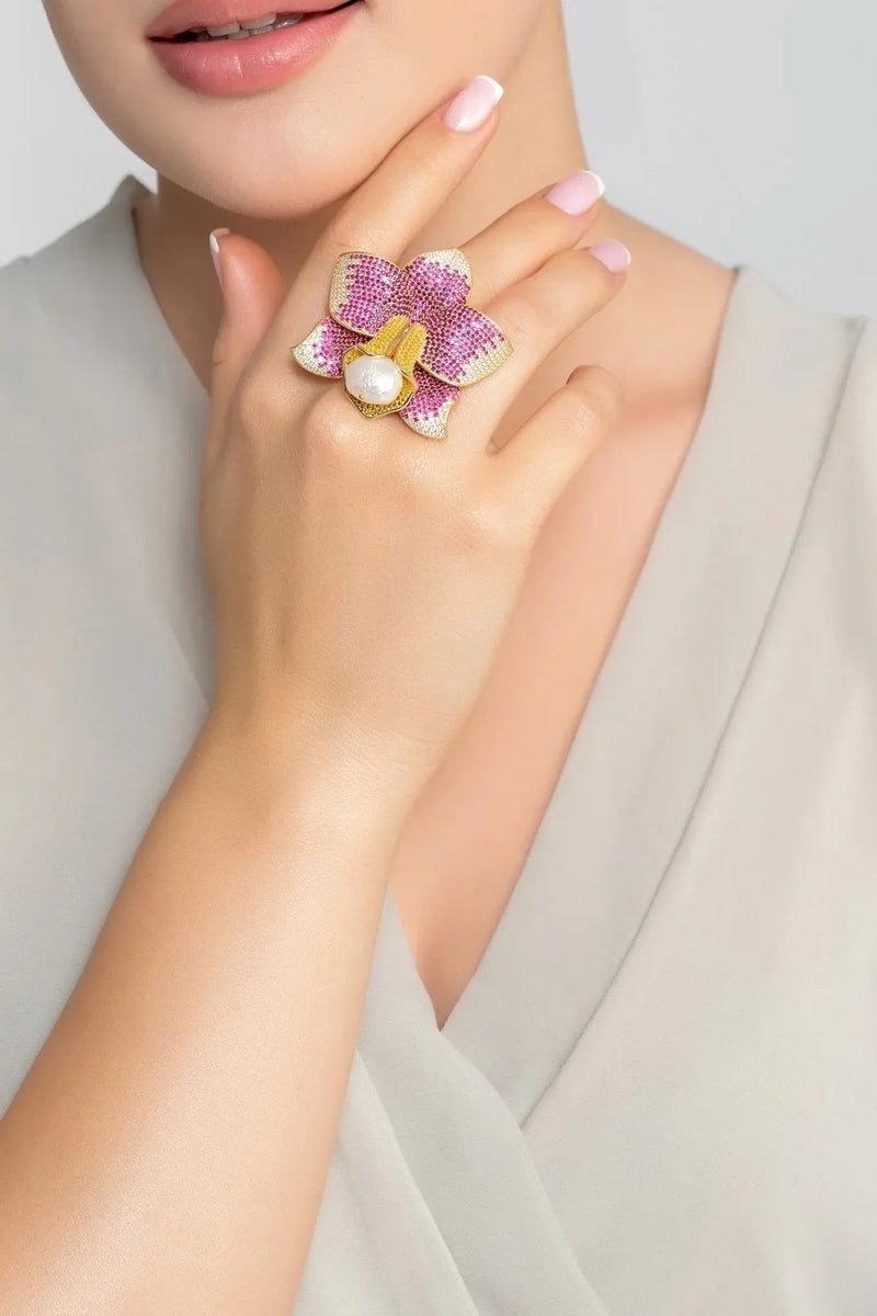 Daffodil With Pearl Cocktail Ring Gold Ruby CZ
