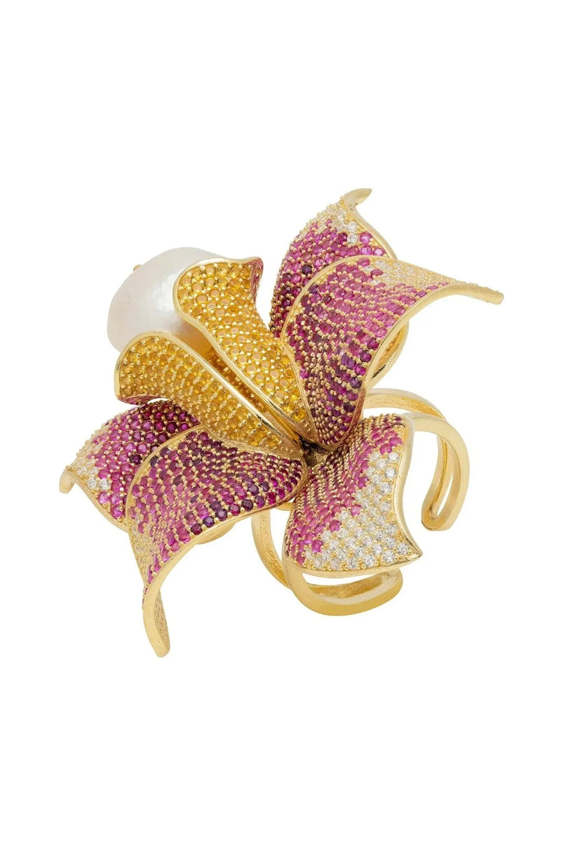 Daffodil With Pearl Cocktail Ring Gold Ruby CZ