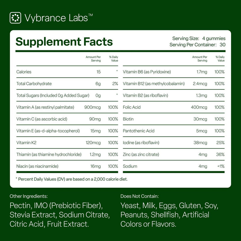 VYBRANCE LABS Daily Greens Gummies – 120 Gummies (30 Servings), Sugar-Free & Vegan