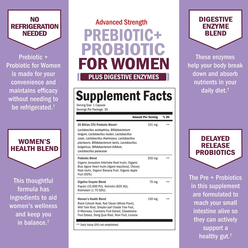 Prebiotics & Probiotics for Women – Gut, Vaginal & Immune Health Support with Black Cohosh & Red Clover (30 Count) | Whole Food Digestive Enzymes