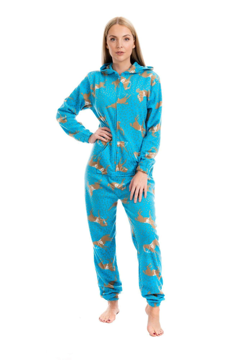 OLIVIA ROCCO Womens Blue Horse Print Hooded Fleece Onezee Pyjama Set For Warm Nightwear