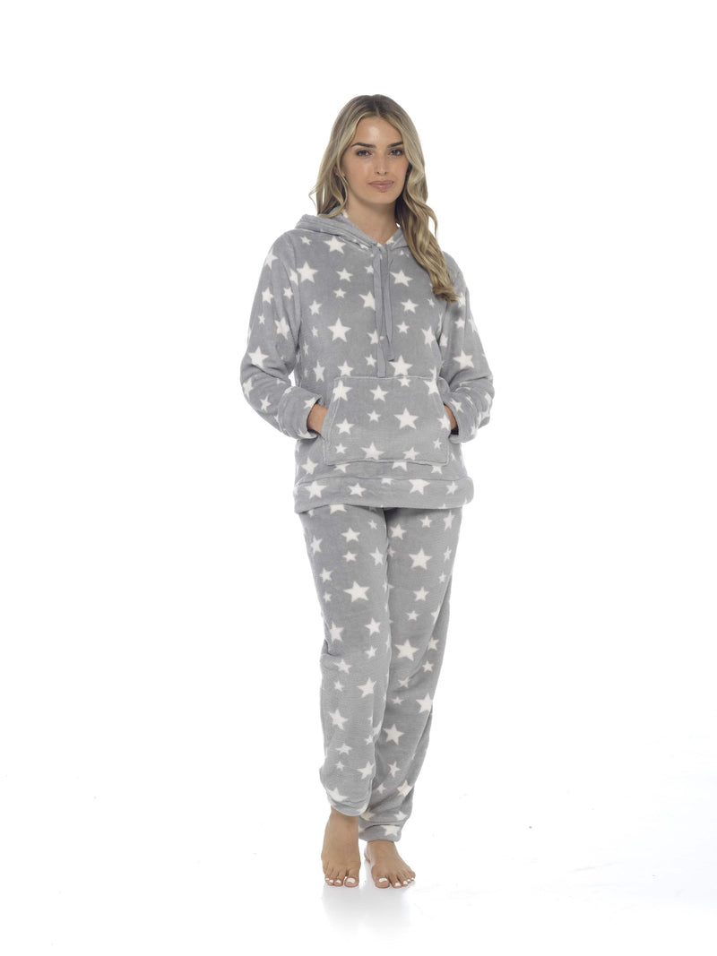 OLIVIA ROCCO Womens Stars Plush Fleece Hooded Pyjama Set Teddy Fabric Nightwear Easy-Care Super Soft Sleep Set