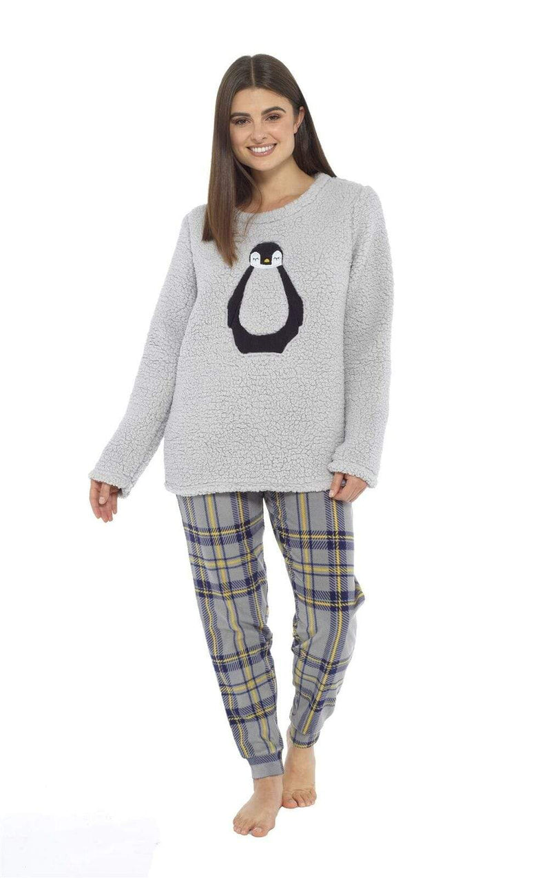 OLIVIA ROCCO Women's Teddy Fleece Pyjama Set Penguin Design Soft Cosy Nightwear Super Soft Cosy Home Loungewear