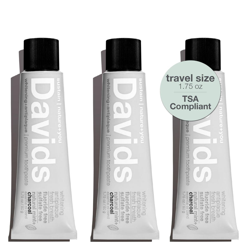 Davids Whitening Charcoal Travel Toothpaste – Fluoride Free, Peppermint, TSA 3-Pack