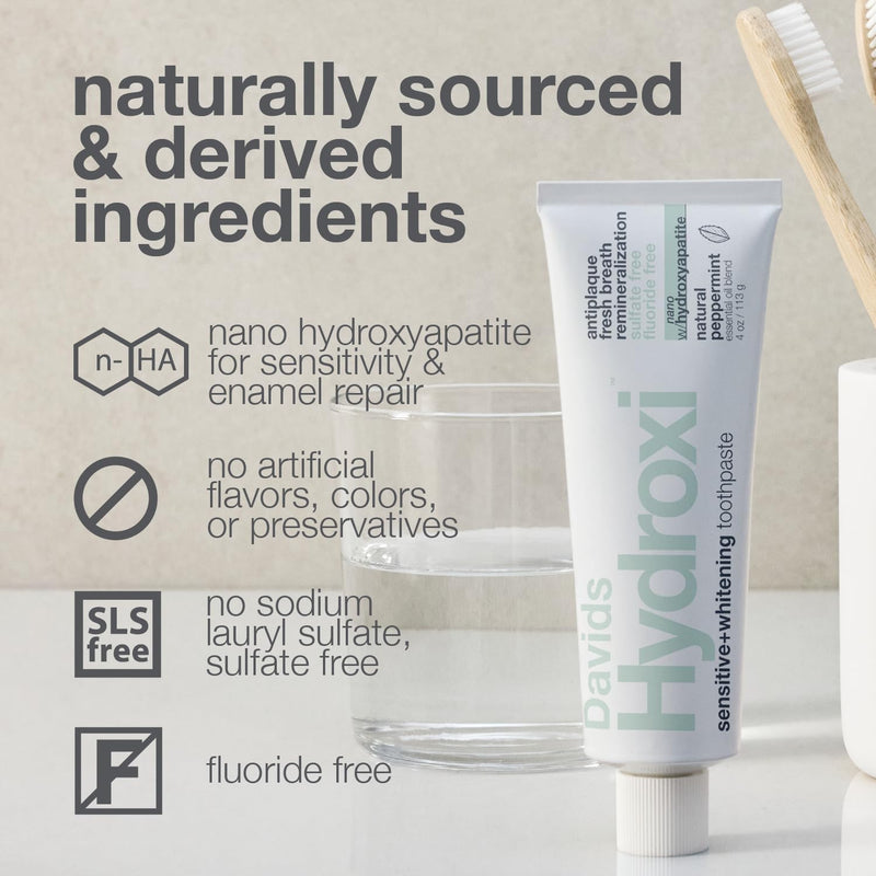 Davids Hydroxi Nano Hydroxyapatite Toothpaste – Remineralize Enamel, Sensitive Relief, Whitening | SLS Free, Made in USA
