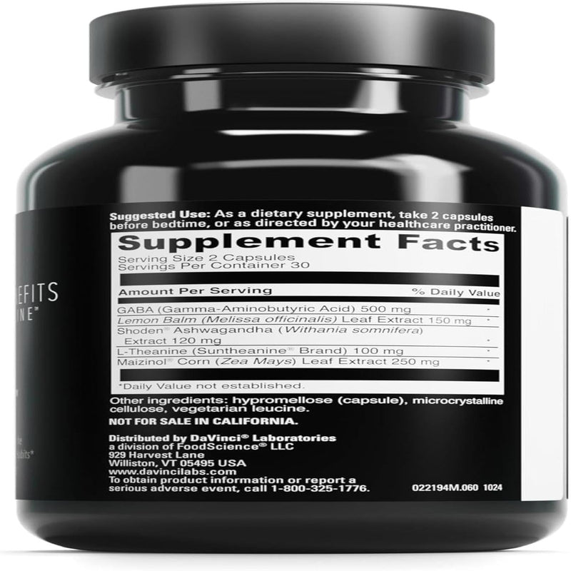DAVINCI LABS Sleep Benefits – Melatonin-Free Sleep Support with Maizinol, Shoden Ashwagandha & Suntheanine L-Theanine – 60 Capsules