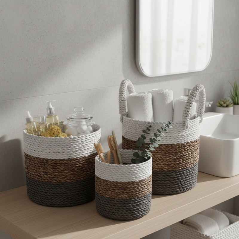 Set of 3 Soft Grey Seagrass Storage Baskets 14-16-17 cm