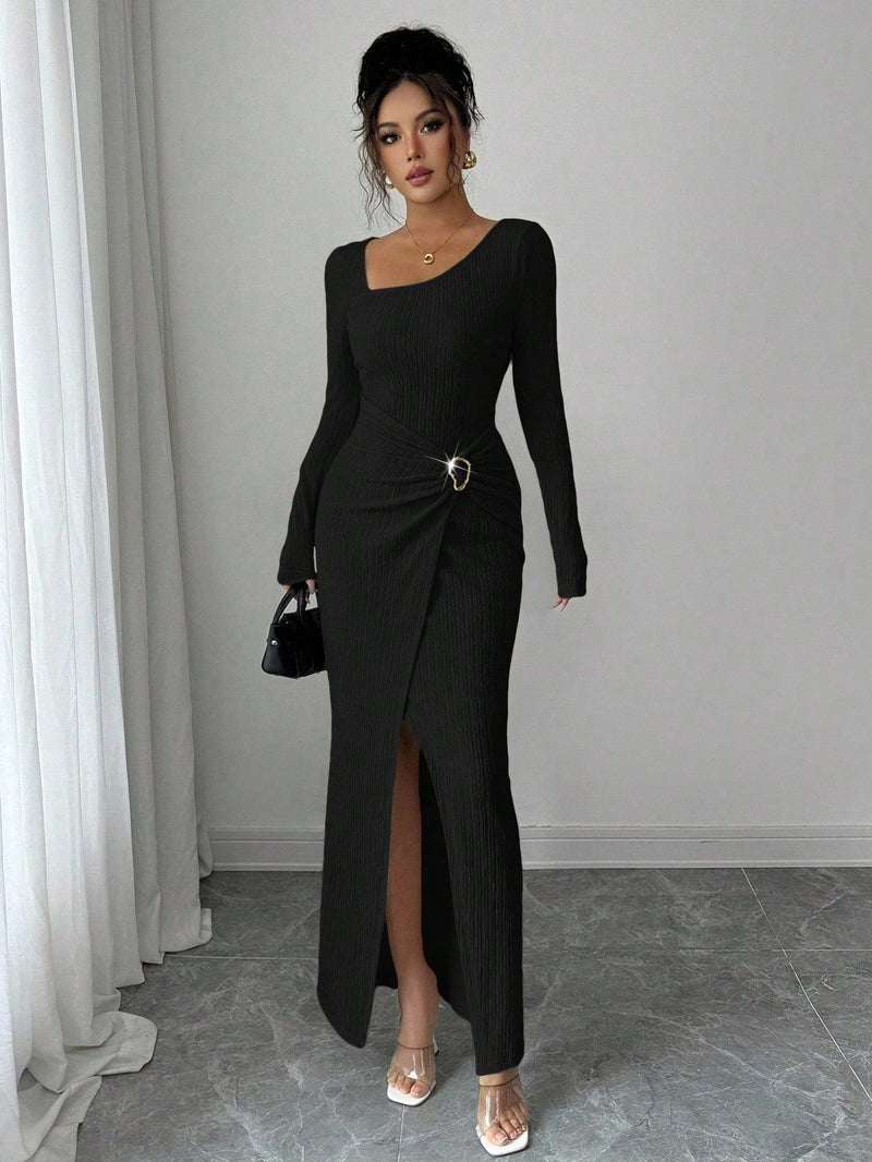 Autumn And Winter Irregular Neckline Solid Color Knitted Texture Long Dress For Women