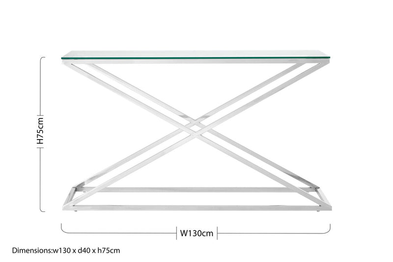 Clear Tempered Glass Top Console Table with Stainless Steel Criss Cross Base | Montril