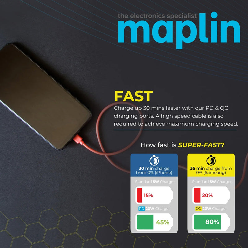 Maplin 35W GaN 2-Port USB Wall Charger with USB-C PD, USB-A QC 3.0 & Retractable USB-C Cable
