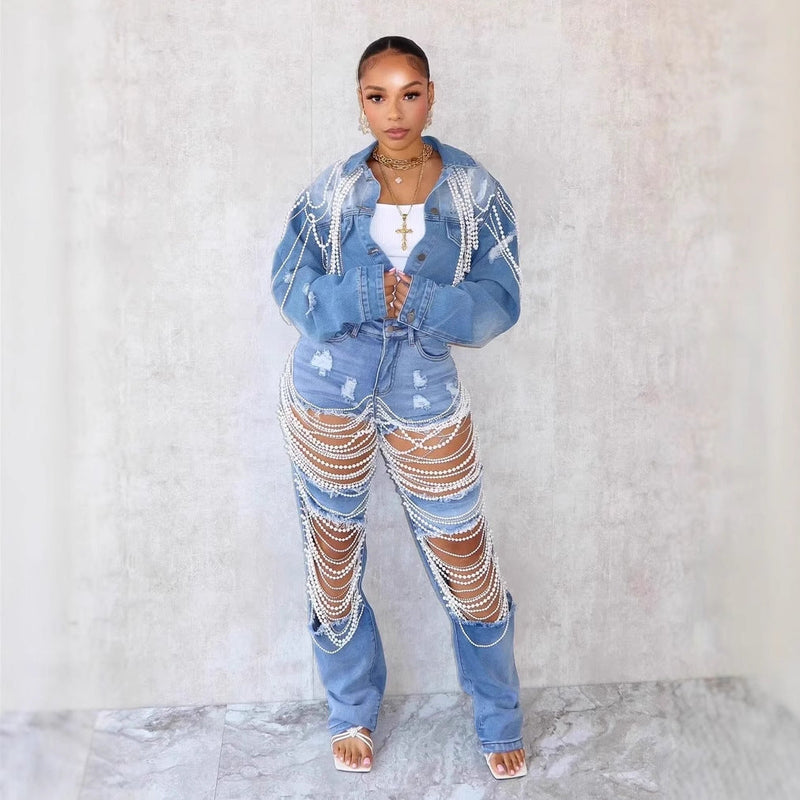 Fashionable Pearl-Chain Hand-Embroidered Beaded Denim Jacket