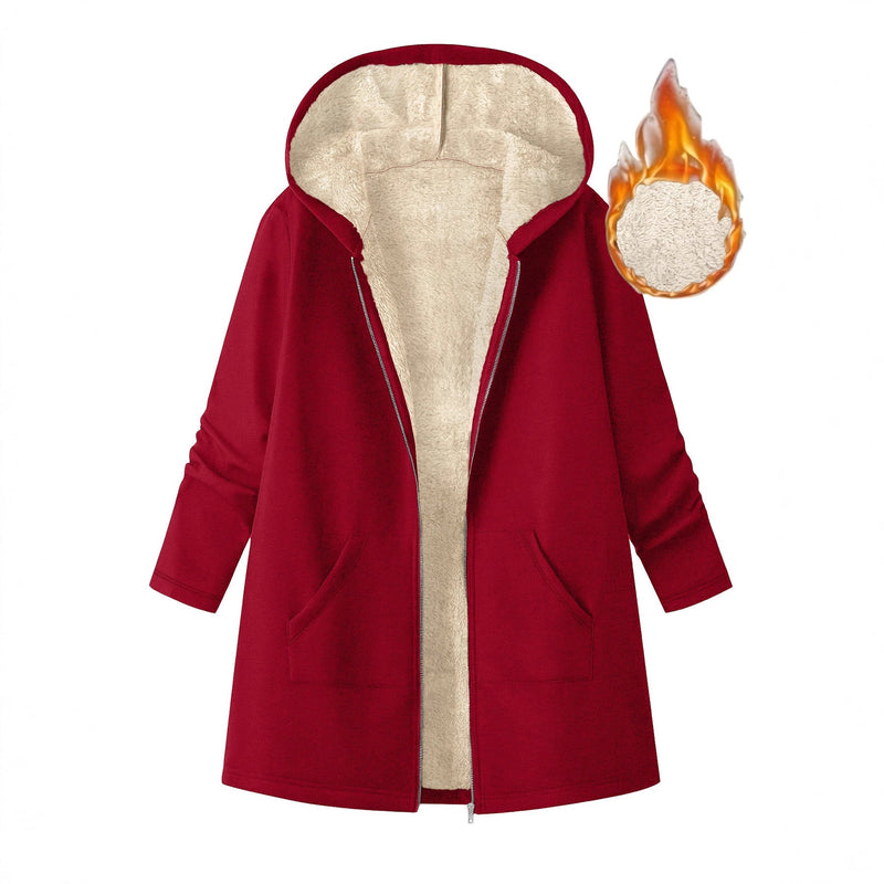 Women's Solid Color Fleece Lined Mid Length Hooded Coat